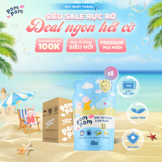 Nước Giặt Xả Pom Pom Newborn [600ML x8 Tiết Kiệm] An toàn cho bé mới lọt lòng Sạch Sâu Nôn trớ Ọc sữa Kháng khuẩn NB6