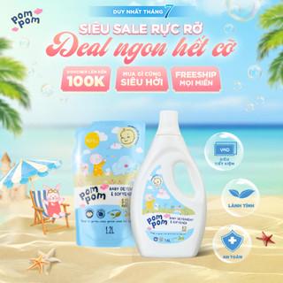 Nước Giặt Xả Pom Pom Newborn [Can 1.6L+1.2L] An toàn cho bé mới lọt lòng Sạch Sâu Nôn trớ Ọc sữa Hương Phấn NB16 NB12