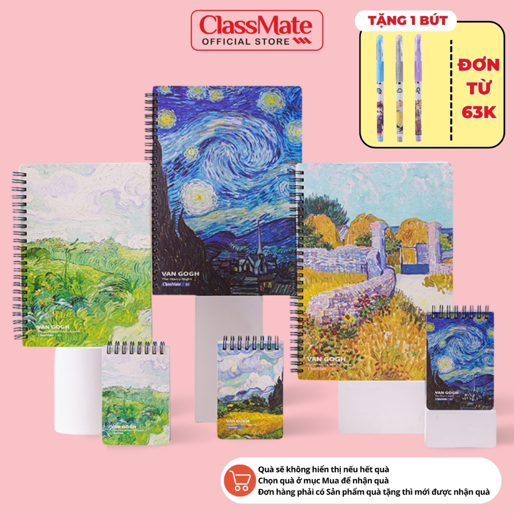 [Tặng 1 Bút] Sổ Tay Ghi Chép 100GSM Van Gogh Sổ Lò Xo Dòng Kẻ Chấm Dot Grid 160 Trang, Sổ Ghi chép Classmate B5 A5 A6 A7