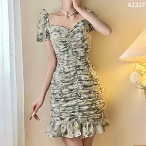 Váy ngắn tay bồng hai màu hoa A2327