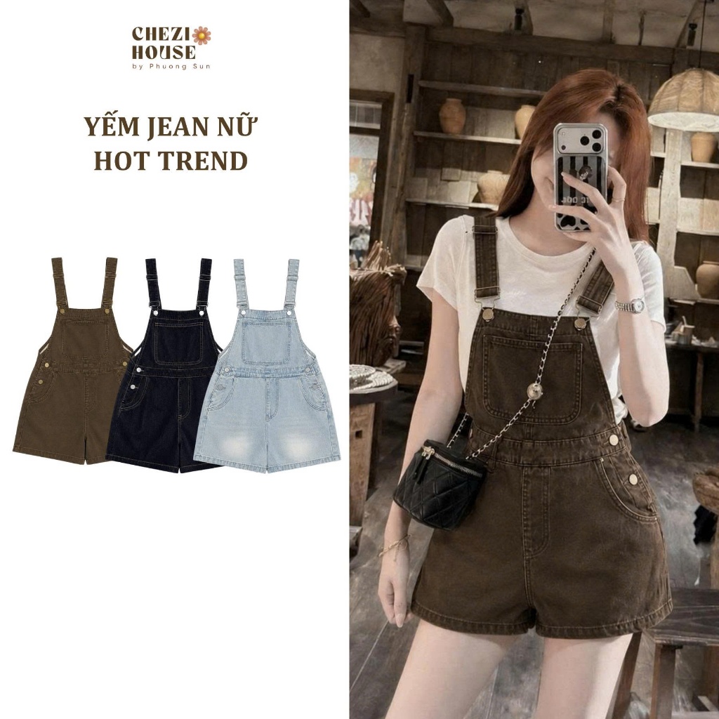 Yếm Jean Nữ Quần Đùi CHEZI HOUSE Vải Jean Cao Cấp Dáng Ngố Đùi 3 Màu #8640-42 Form Rộng Thoải Mái Dễ Phối Áo Thun Sơ Mi