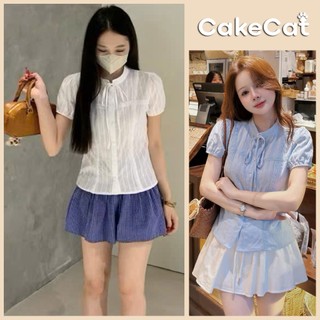Áo Sơ Mi Nữ Tay Bồng Cổ Trụ Tay Ngắn Thắt Nơ Phối Ren Lacy Ribbon Kiểu Tiểu Thư Mặc Hàng Ngày Cakecat