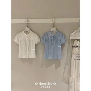 Áo Sơ Mi Nữ Tay Bồng Cổ Trụ Tay Ngắn Thắt Nơ Phối Ren Lacy Ribbon Kiểu Tiểu Thư Mặc Hàng Ngày Cakecat