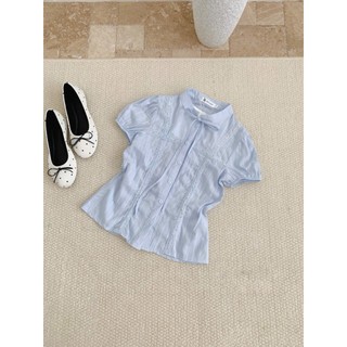 Áo Sơ Mi Nữ Tay Bồng Cổ Trụ Tay Ngắn Thắt Nơ Phối Ren Lacy Ribbon Kiểu Tiểu Thư Mặc Hàng Ngày Cakecat