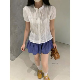 Áo Sơ Mi Nữ Tay Bồng Cổ Trụ Tay Ngắn Thắt Nơ Phối Ren Lacy Ribbon Kiểu Tiểu Thư Mặc Hàng Ngày Cakecat