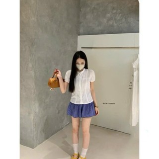 Áo Sơ Mi Nữ Tay Bồng Cổ Trụ Tay Ngắn Thắt Nơ Phối Ren Lacy Ribbon Kiểu Tiểu Thư Mặc Hàng Ngày Cakecat