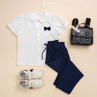 [BÁN CHẠY] Set đi học bé gái HUMY NGO áo sơ mi trắng basic mix quần baggy xanh than lưng thun co dãn, thấm hút mồ hôi