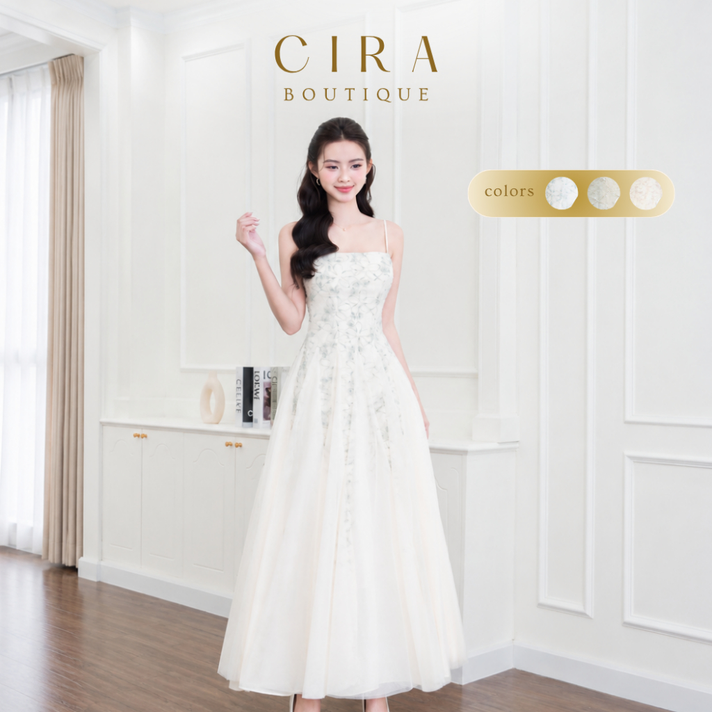 Cira Boutique Đầm Dáng Dài 2 Dây Ren Hoa 3D Phối Lưới Dáng Xoè Sang Trọng D1317
