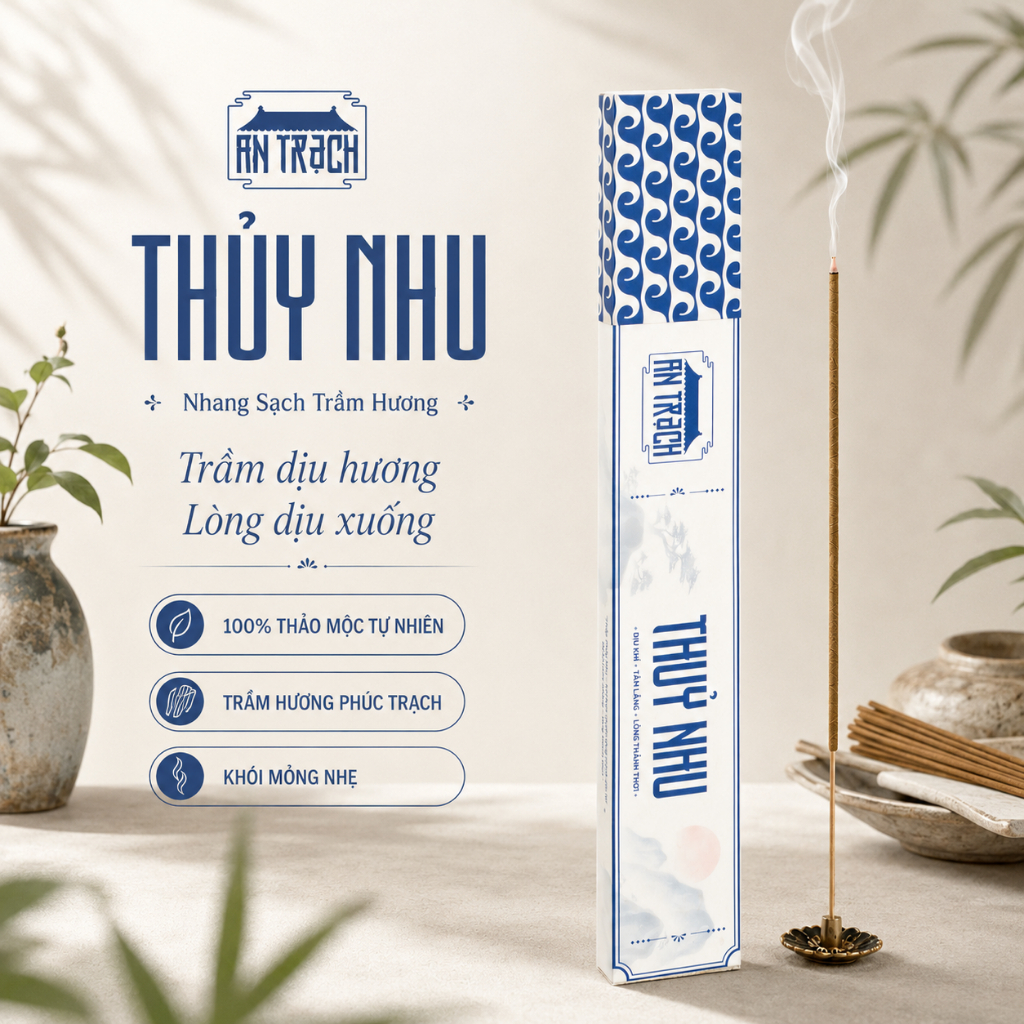 Nhang Sạch Trầm Hương Thủy Nhu AN TRẠCH - Nhang Trầm Tự Nhiên Thư Giãn, Giảm Căng Thẳng & Thiền Định (Hành Thủy 30cm)