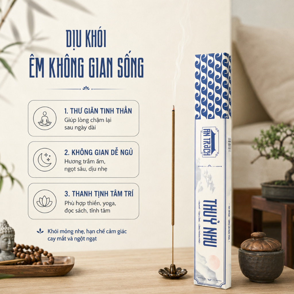 Nhang Sạch Trầm Hương Thủy Nhu AN TRẠCH - Nhang Trầm Tự Nhiên Thư Giãn, Giảm Căng Thẳng & Thiền Định (Hành Thủy 30cm)