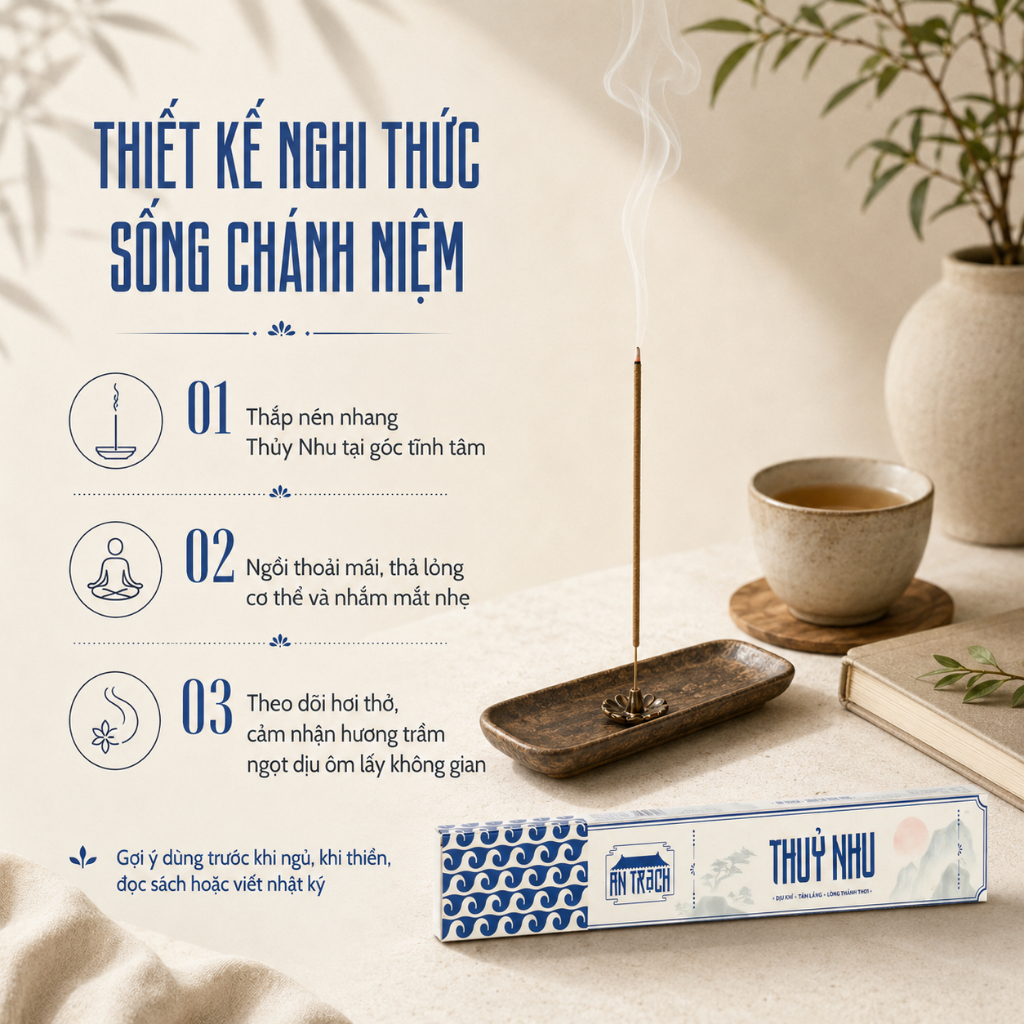 Nhang Sạch Trầm Hương Thủy Nhu AN TRẠCH - Nhang Trầm Tự Nhiên Thư Giãn, Giảm Căng Thẳng & Thiền Định (Hành Thủy 30cm)