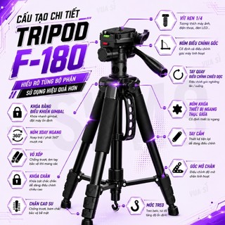 Chân Máy Ảnh Máy Quay Ống Nhòm Điện Thoại VUASI Tripod F-180ST Quay 360° Đa Năng Khung Nhôm Cao Cấp