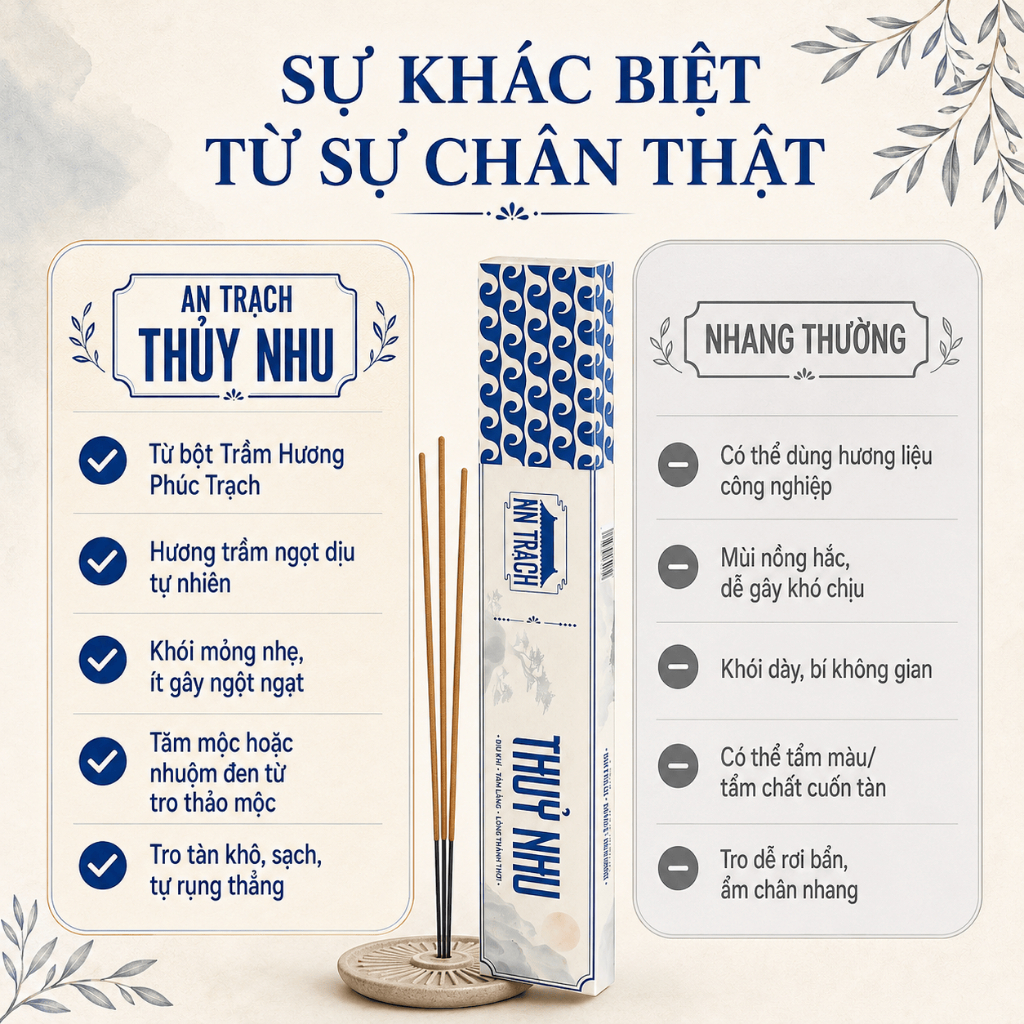 Nhang Sạch Trầm Hương Thủy Nhu AN TRẠCH - Nhang Trầm Tự Nhiên Thư Giãn, Giảm Căng Thẳng & Thiền Định (Hành Thủy 30cm)