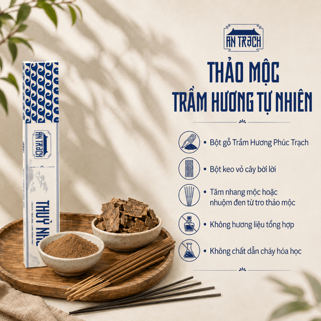 Nhang Sạch Trầm Hương Thủy Nhu AN TRẠCH - Nhang Trầm Tự Nhiên Thư Giãn, Giảm Căng Thẳng & Thiền Định (Hành Thủy 30cm)