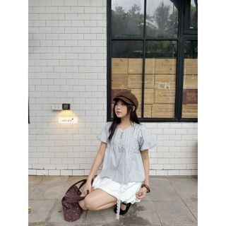 𝐒𝐚𝐲𝐮𝐫𝐢 𝐓𝐨𝐩  - Áo babydoll, áo kiểu nữ cổ tròn viên ren thiết kế giọt nước tay phồng nhien.official NAS00020