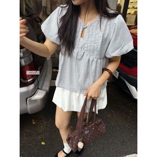 𝐒𝐚𝐲𝐮𝐫𝐢 𝐓𝐨𝐩  - Áo babydoll, áo kiểu nữ cổ tròn viên ren thiết kế giọt nước tay phồng nhien.official NAS00020