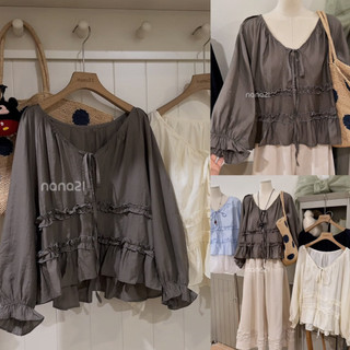 Áo Blouse Nữ Babydoll Bèo Nhún Tay Dài Form Rộng Cổ Rút Dây Vintage Hàn Quốc Mặc Đi Chơi, Cafe