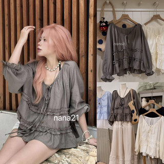 Áo Blouse Nữ Babydoll Bèo Nhún Tay Dài Form Rộng Cổ Rút Dây Vintage Hàn Quốc Mặc Đi Chơi, Cafe
