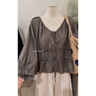 Áo Blouse Nữ Babydoll Bèo Nhún Tay Dài Form Rộng Cổ Rút Dây Vintage Hàn Quốc Mặc Đi Chơi, Cafe