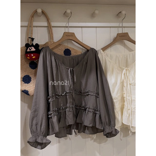 Áo Blouse Nữ Babydoll Bèo Nhún Tay Dài Form Rộng Cổ Rút Dây Vintage Hàn Quốc Mặc Đi Chơi, Cafe