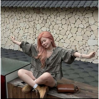 Áo Blouse Nữ Babydoll Bèo Nhún Tay Dài Form Rộng Cổ Rút Dây Vintage Hàn Quốc Mặc Đi Chơi, Cafe