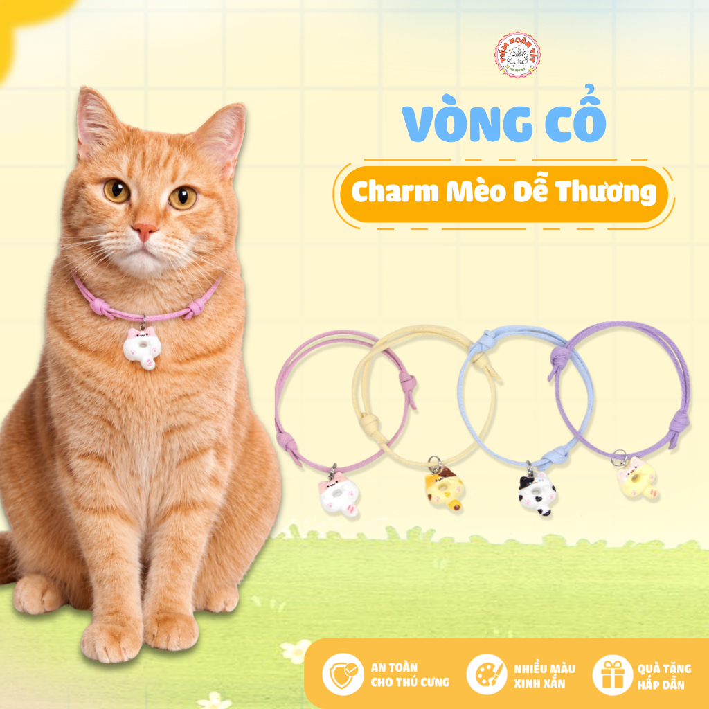 Vòng Cổ Cho Chó Mèo Charm Mèo Hoạt Hình Dễ Thương - Vòng Cổ Thú Cưng Khóa Bấm An Toàn, Cao Cấp Cream Forest