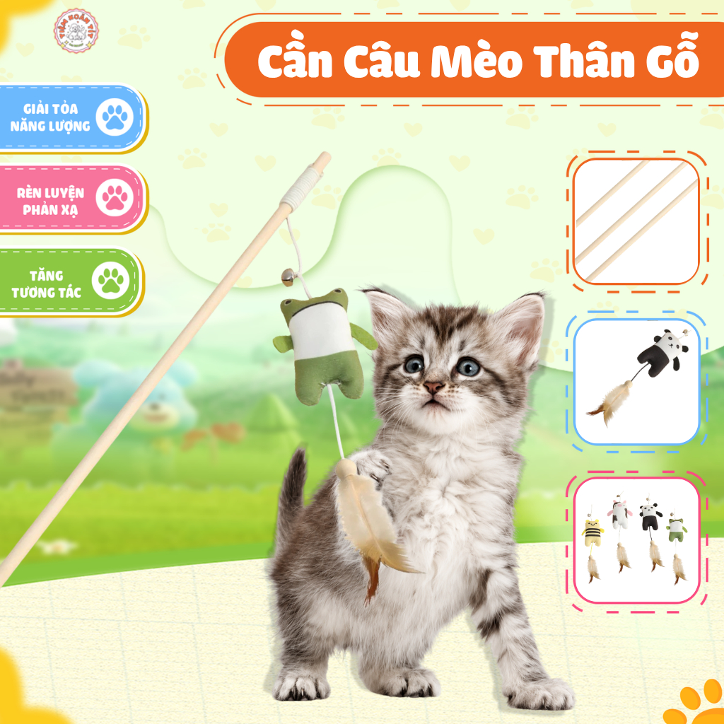 Cần Câu Mèo Thân Gỗ Thú Nhồi Có Chuông Và Lông Vũ - Đồ Chơi Cho Mèo