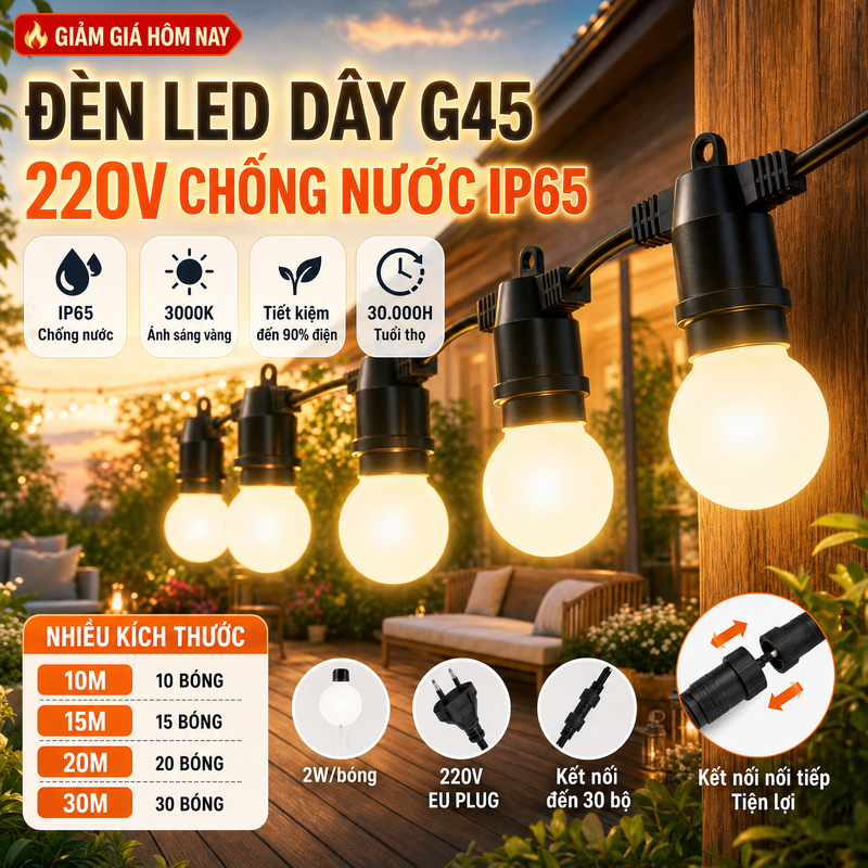 Đèn LED Dây Trang Trí G45 220V EU Plug, Chống Nước IP65, Đèn Treo Sân Vườn, Quán Cafe, Tiệc Cưới