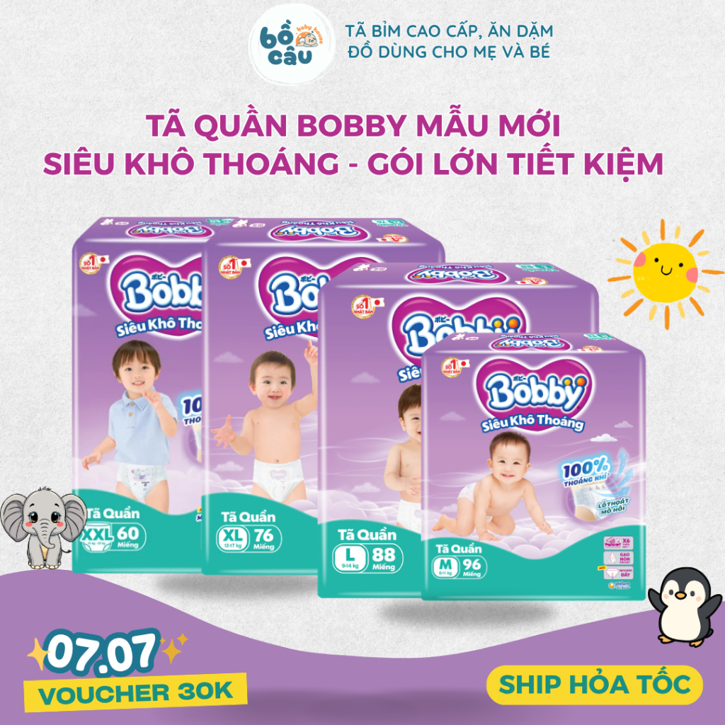 [GÓI LỚN TIẾT KIỆM] Tã/Bỉm quần Bobby Ultra+ đủ size M96/L88/XL76/XXL70/3XL24 cho bé đến 25kg