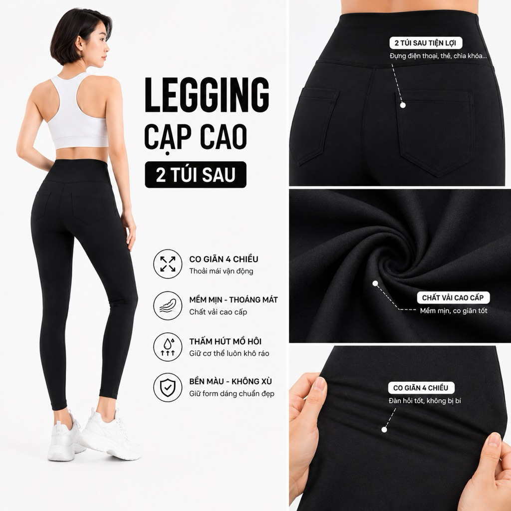 Quần legging cạp cao 2 túi sau chất u mì co giãn thoải mái Mã 695