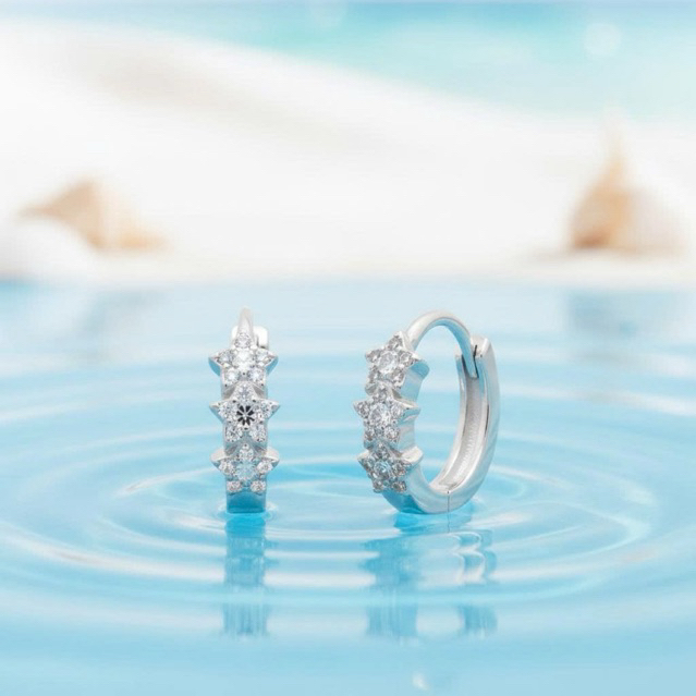 Khuyên tai bạc 925 Luna Jewelry dạng khoen hình ngôi sao nhỏ nạm đá