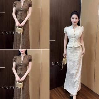 Set váy họa tiết chấm bi áo tay bồng cổ chữ V kèm chân váy dài suông