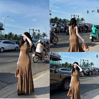 Đầm len họa tiết sóng màu nâu form body dài sang chảnh váy len sát nách ôm body