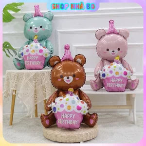Bong Bóng Nhôm 3D Hình Gấu Teddy Ngồi Ôm Bánh Kem Nhà Bo Sinh Nhật Phong Cách Hàn Quốc Size 92x74cm