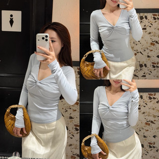 𝐏𝐡𝐢𝐞𝐧 𝐖𝐆𝐖𝐄 | (Sẵn) w8415 Áo Thun Co Dãn Mỏng Nhẹ Không Lộ Soắn Ngực Cổ V Dài Tay