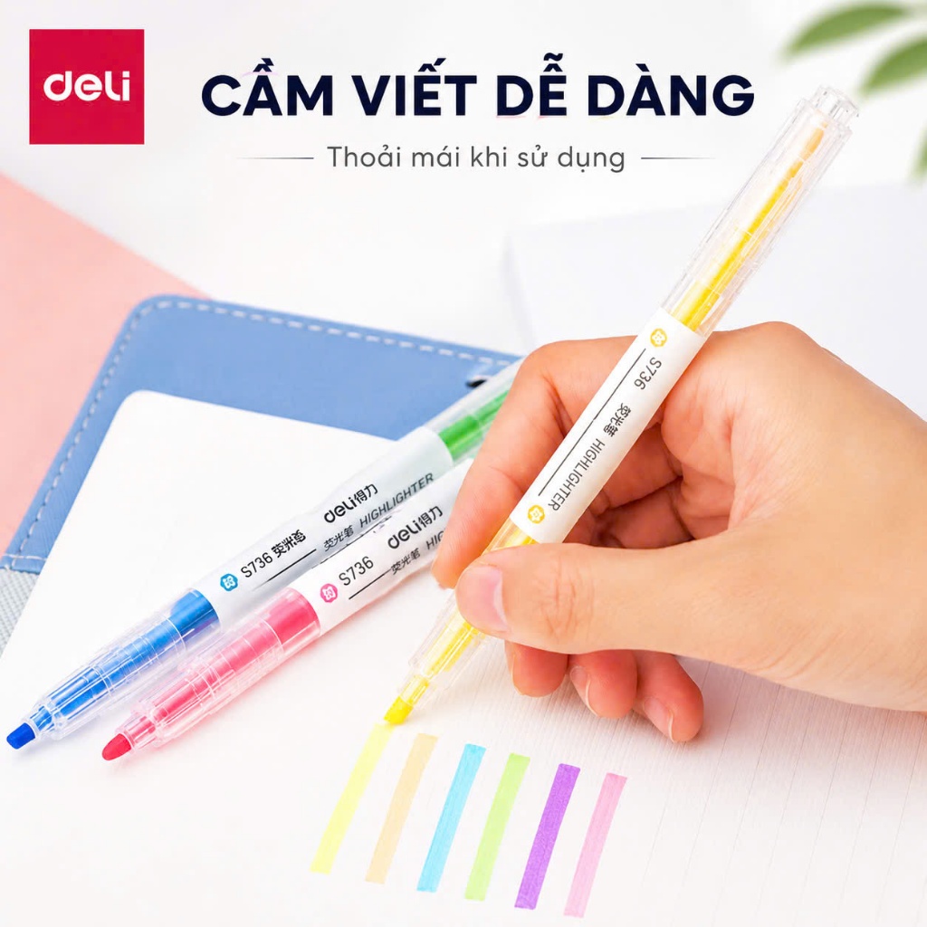 Bộ Bút Highlight Deli Hai Đầu Nhiều Màu Dạ Quang, Đánh Dấu Dòng Tiện Lợi Cho Học Sinh Văn Phòng