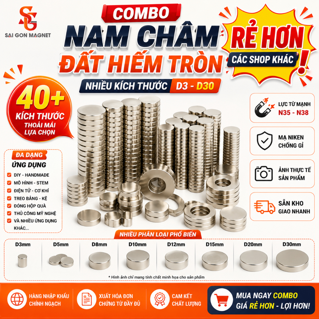 [NCSG] COMBO nam châm đất hiếm TRÒN lực từ N35 – 38 kích thước TRÒN khác nhau thoải mái lựa chọn (ảnh phân loại thực tế)
