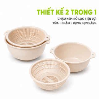Bộ Chậu Kèm Rổ Nhựa Tròn Hokori 2377 Thoát Nước GD87 - Bộ Rổ Chậu Rửa Rau Củ Quả Nhựa PP Bền Đẹp
