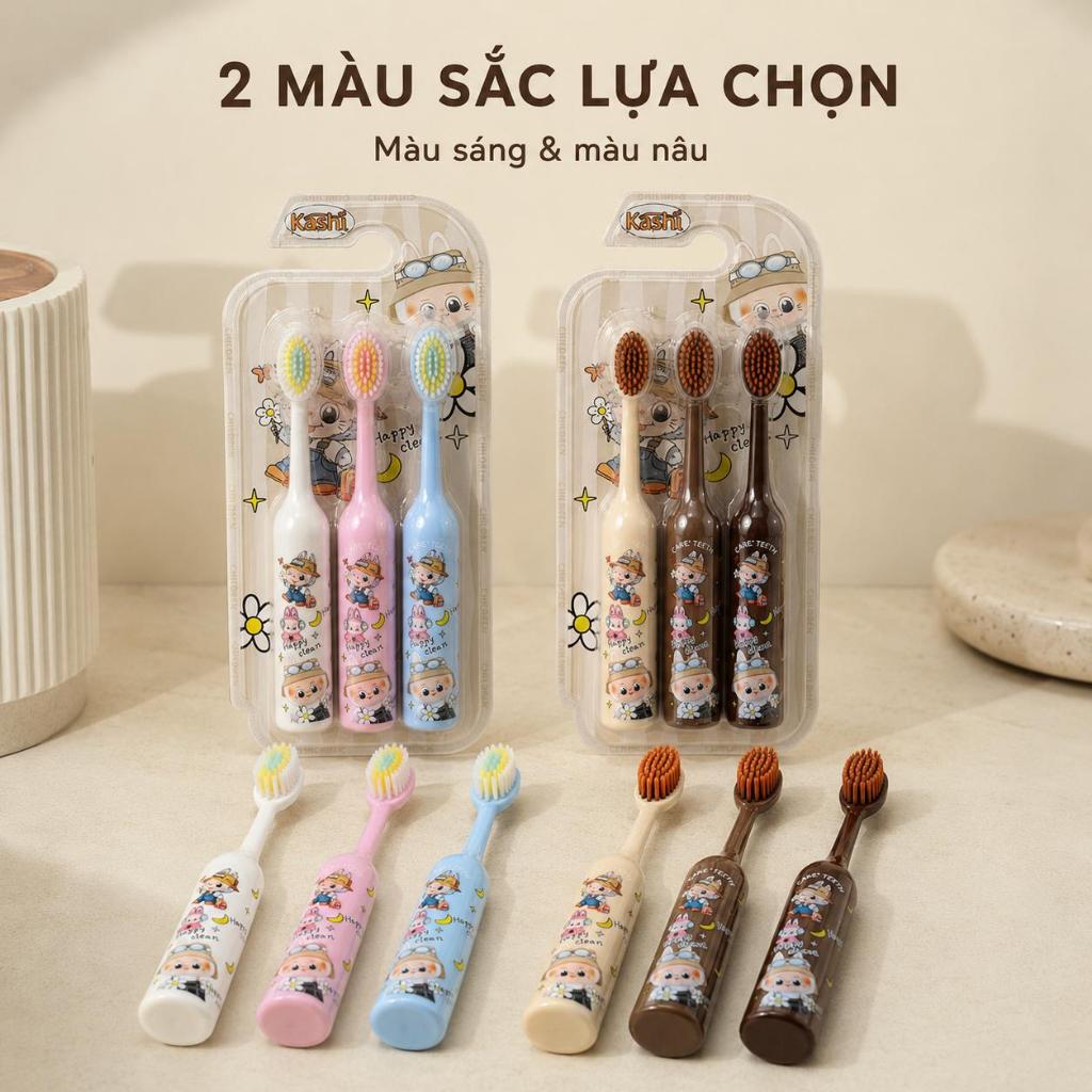 [ Vỉ 3 Chiếc ] Bàn Chải Đánh Răng Trẻ Em Kashi, Lông Mềm Họa Tiết Labubu, Thích Hợp Cho Trẻ 3-12 Tuổi