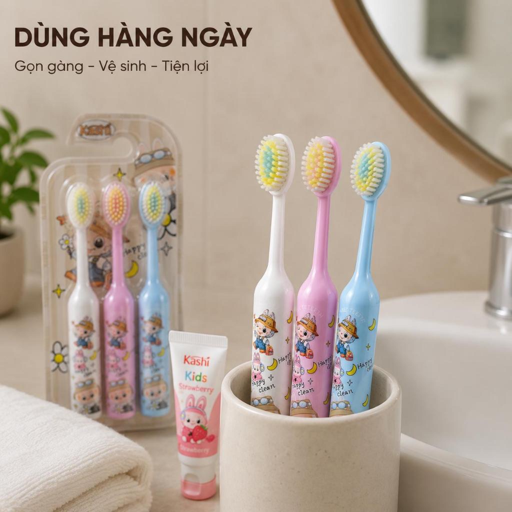[ Vỉ 3 Chiếc ] Bàn Chải Đánh Răng Trẻ Em Kashi, Lông Mềm Họa Tiết Labubu, Thích Hợp Cho Trẻ 3-12 Tuổi