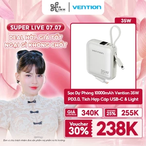 Sạc Dự Phòng 10000mAh Vention 35W Tích Hợp Cáp Sạc USB-C & Light, Hỗ Trợ PD, Thiết Kế Nhỏ Gọn