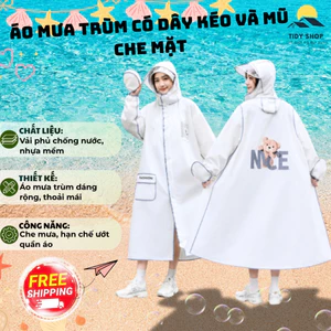 Áo Mưa Dáng Dài Có Mũ Kính Chắn Mặt, TIDY SHOP, Áo Mưa Măng Tô Màu Xanh Nhẹ Nhàng Tiện Lợi
