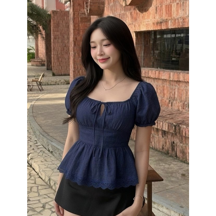 Áo Babydoll Tay Phồng Trễ Vai Mặc 2 Kiểu Cổ Vuông Phối Dây Nơ Xinh Xắn Mùa Hè - KA939