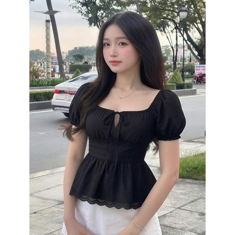 Áo Babydoll Tay Phồng Trễ Vai Mặc 2 Kiểu Cổ Vuông Phối Dây Nơ Xinh Xắn Mùa Hè - KA939