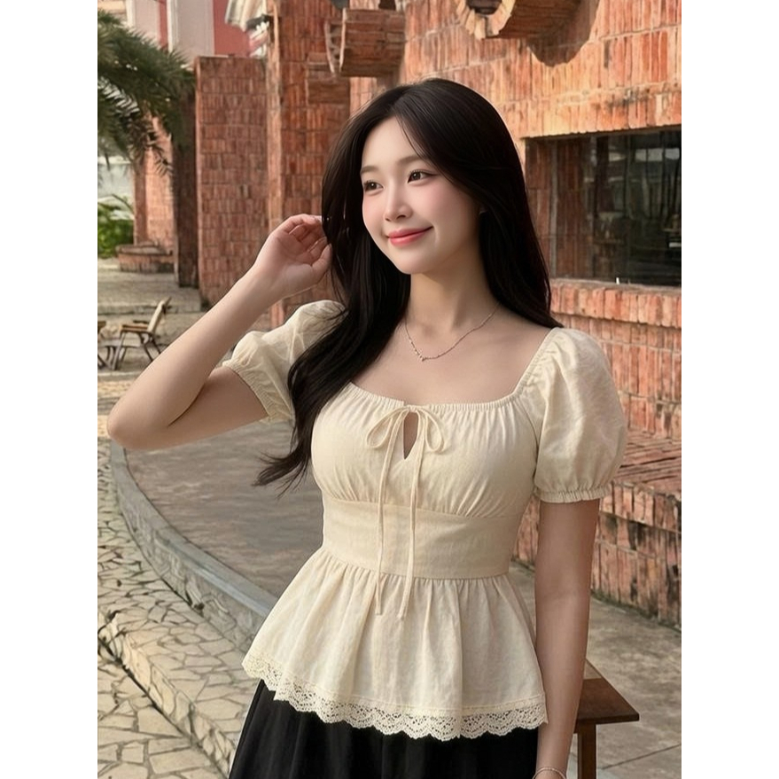 Áo Babydoll Tay Phồng Trễ Vai Mặc 2 Kiểu Cổ Vuông Phối Dây Nơ Xinh Xắn Mùa Hè - KA939
