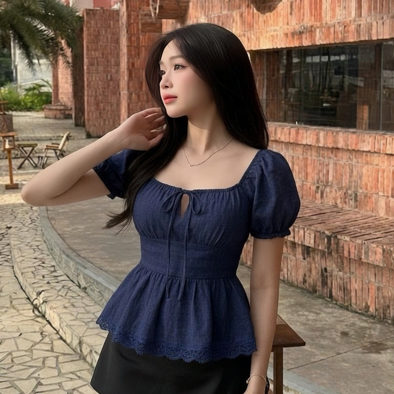Áo Babydoll Tay Phồng Trễ Vai Mặc 2 Kiểu Cổ Vuông Phối Dây Nơ Xinh Xắn Mùa Hè - KA939