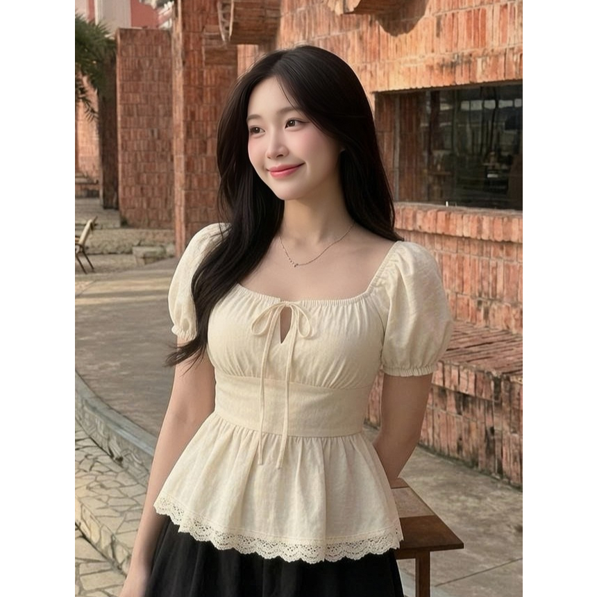 Áo Babydoll Tay Phồng Trễ Vai Mặc 2 Kiểu Cổ Vuông Phối Dây Nơ Xinh Xắn Mùa Hè - KA939