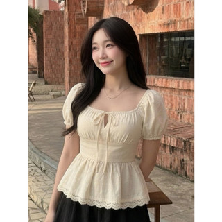 Áo Babydoll Tay Phồng Trễ Vai Mặc 2 Kiểu Cổ Vuông Phối Dây Nơ Xinh Xắn Mùa Hè - KA939