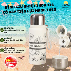 Bình Giữ Nhiệt Inox 316 Cao Cấp Có Dây Cầm, TIDY SHOP, Bình Nước Giữ Nhiệt Có Ống Hút, Dây Xách Tiện Lợi