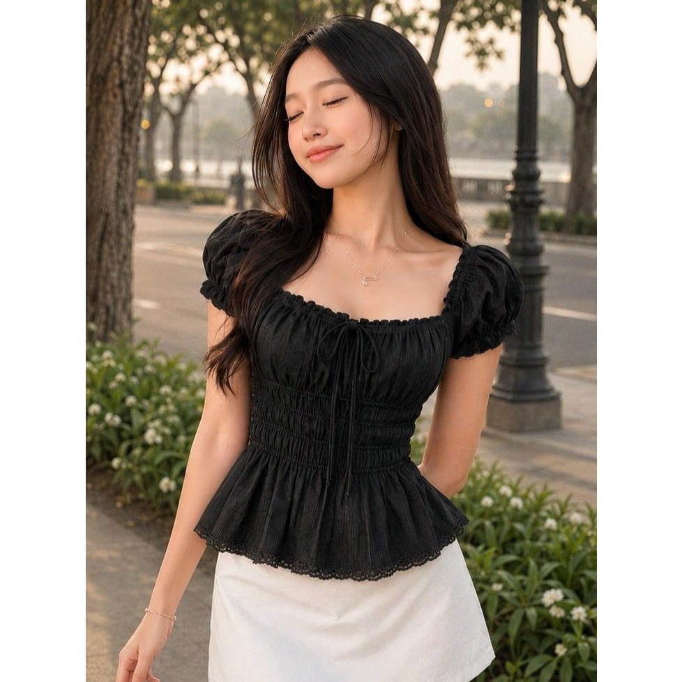 Áo Babydoll Kiểu Nữ Tay Phồng Chun Lưng Chiết Eo Dáng Bồng Xoè Công Chúa - KA940